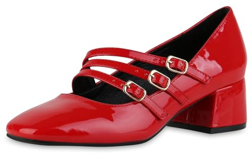 VAN HILL Damen Mary Janes Blockabsatz Lack Klassisch Schuhe 216461 Rot Lack 37