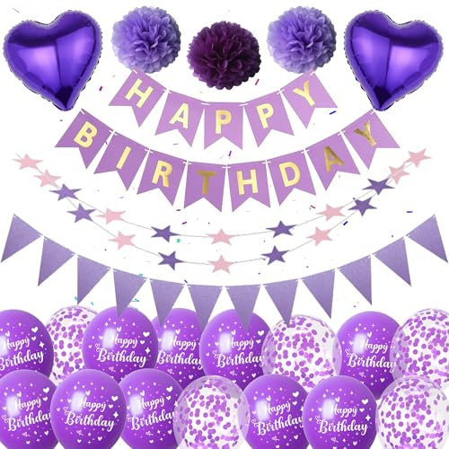 Geburtstagsdeko Luftballons Lila Frauen Mädchen - Happy Birthday Banners mit Wimpel Sternen Girlande Pompons, Konfetti Ballons für Alle Altersgruppen Kindergeburtstag Geburtstags Deko