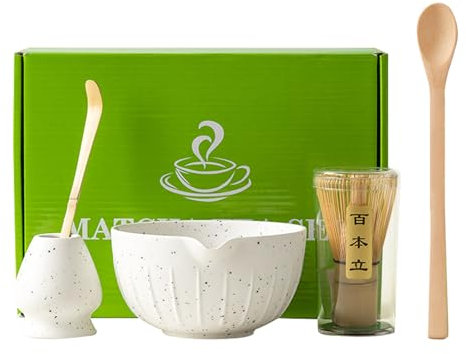 Ensemble à thé avec balai à matcha, bol à matcha, fouet, fouet, cuillère à matcha, cuillère en céramique, porte-fouet, kit de cérémonie pour matcha (blanc)