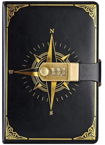 Rixotix Reisetagebuch, Notizbuch mit Schloss, Tagebuch mit Code Modell Kompass, Geheimbuch für Mädchen, für Büro, Schule, Studenten, Schreibwaren, Geburtstagsgeschenk, 22 x 15 cm (COLOR:Schwarz)