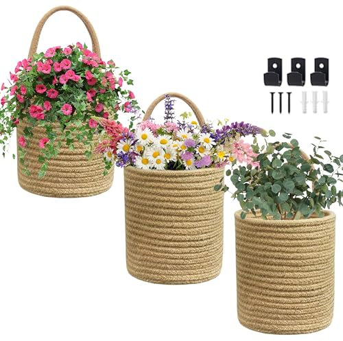 3PCS Hanging Cotton Rope Baskets, Equipped with 3pcs metal black hooks Small Woven Storage Basket, Jute Woven Storage Organizer Flower Plants Basket Set Rustic
