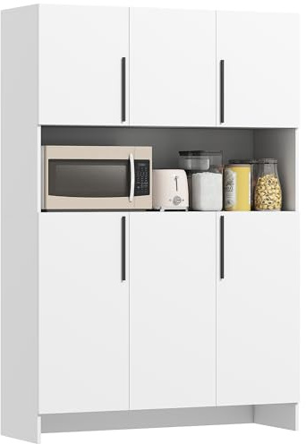 HOMCOM Küchenschrank Buffetschrank mit Arbeitsplatte, 6 Türen, 4 Schränken, Hochschrank mit geräuschlosen Scharnieren, Mikrowellenschrank mit Modernem Design, 119x40x175cm, Weiß