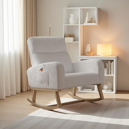 Aneutr Fauteuil a Bascule, Rocking Chair, Fauteuil Allaitement avec Poche Latérale et Accoudoirs, Pieds en Bois, Chaise a Basule pour Salon Chambre à Coucher, Velours (Blanc)