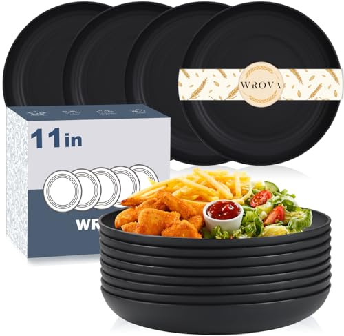 Wrova Large Deep Plates 11 INCH Dinner Plates Set of 8 Reusable Big Salad Plate Dishwasher & Microwave Safe Lightweight Large Plate for Kitchen, Camping - Black