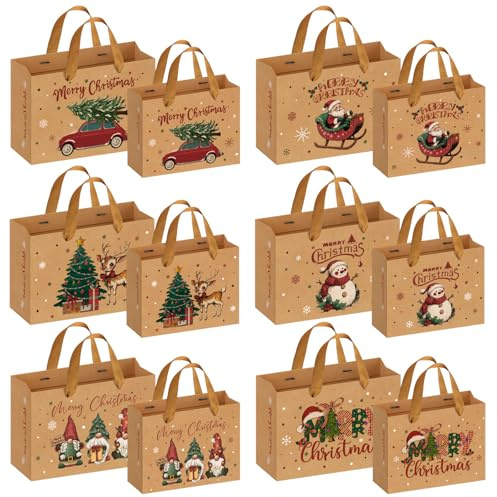 12 Pièces Sac Cadeau Noel, Grand Petit Format Pochette Cadeau Noel Kraft Différentes Tailles, Emballage Cadeaux Noël Réutilisables, Sachet Sac Craft Papier Noël Avec 6 Motifs(30x12x21cm/23x9x18.5cm)