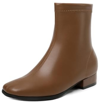 Generico Stivaletti Donna Punta Quadrata Tacco Basso Largo Pelle PU Slip On Comodi Antiscivolo Resistenti Eleganti per Quotidiano Ufficio Casual,Marrone,38 EU