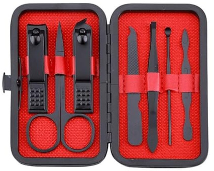 Manicure Set, Portable Nail Clippers & Eyebrow Grooming Kit, Nail Care Tools, Pedicure Tool, Grooming Tools for Travel & Home, Gift for Men, Women, Friends and Parents (7 Pieces) (Black & Red)
