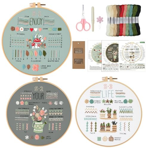 Sticken Set Erwachsene, Stickset für Anfänger Blumenmuster Pflanzen Embroidery Kit Kreuzstich Set inkl Kunststoff Stickrahmen Farbfäden Werkzeuge Anleitung Stickerei Starter Kit für DIY Kunst Handwerk