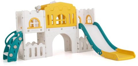 GYMAX 8 in 1 Kids Slide Set, Toddler Climber Playset with Slide, Basketball Hoop, Telescope, Peek-a-Boo Window, Crawling Tunnel & Storage Space, Indoor Playground for 1-3 Years Old