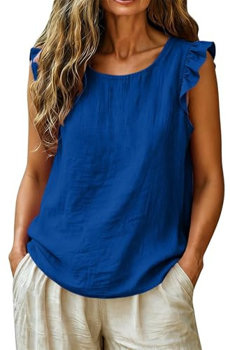 Canottiera Donna Estiva, Canotta Donna Estiva Lino Senza Maniche Volant Camicette - Leggero Elegante Camicia Tinta Unita Tunica Blusa Mode Casual Traspirante Spiaggia Vacanze Canottiera Blu M
