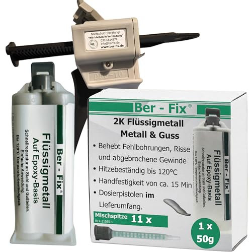 Ber-Fix 50g Flüssigmetall + Pistole + 10 Spitzen, hitzebeständig, 2 Komponenten Kleber, Metallkleber, Metallspachtel, 120°C
