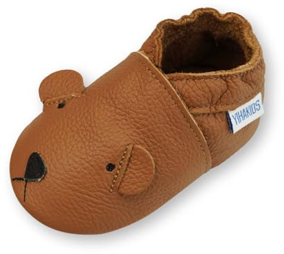 YIHAKIDS Baby Leather Shoes Soft Sole First Walking Moccasins Infants Toddler Boys Girls Crawling Slippers Slip-on Shoes (Brown Bear, 6-12 Months, Sole Length 5.1in)