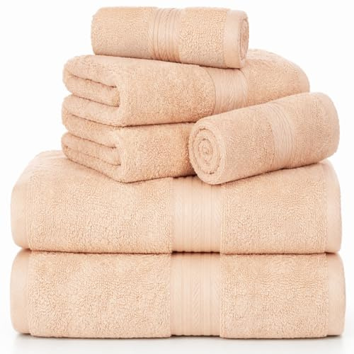 Ample Decor 100% Cotton Luxury, Soft & Absorbent 6 Piece Towels Set, 2 Bath Towels, 2 Hand Towels, 2 Wash Cloths for Bathroom - Beige