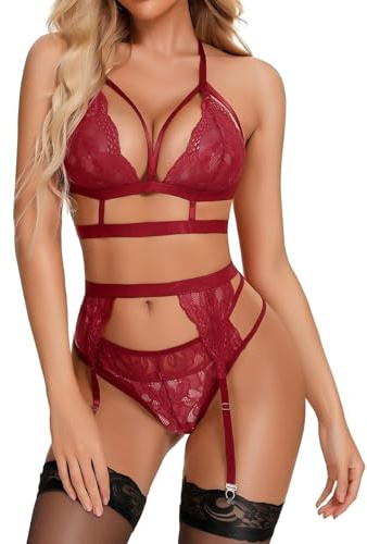 RSLOVE Sexy Lingerie for Women Floral Lace Bra and Panty Set 3 Pieces with Garter Belt