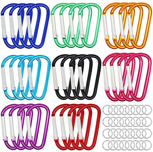 H&W 1.8'' 32pcs Small Aluminum Carabiner D Ring 8 Colors, Durable Spring-Loaded Gate Carabiners Clips Hook, Sport Accessories, with Gift Steel Rings 32pcs, for para-Cord Crafts