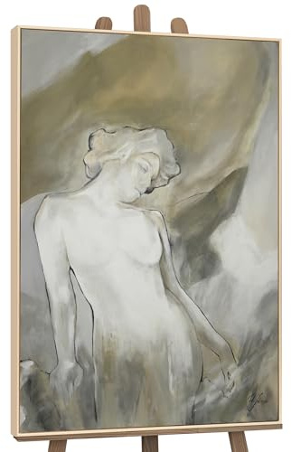 YS-Art Quadro Figurativo Beige e Grigio, Nudo Artistico Moderno Dipinto a Mano su Tela Elegante 120x80 cm
