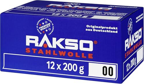 RAKSO Stahlwolle fein 00-2,4 kg, 12 Banderolen à 200g, glättet Hölzer, Reinigung Kunststoffjalousien, Gartenmöbel, aufpolieren Aluminium