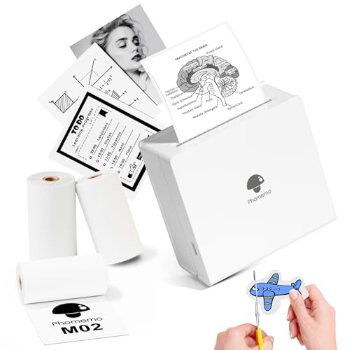Phomemo M02 Mini imprimante avec 3 Rouleaux d'étiquettes, imprimante de Poche pour Smartphone, imprimante d'autocollants Bluetooth, imprimante Thermique pour études, Notes, Images, Photos, agendas