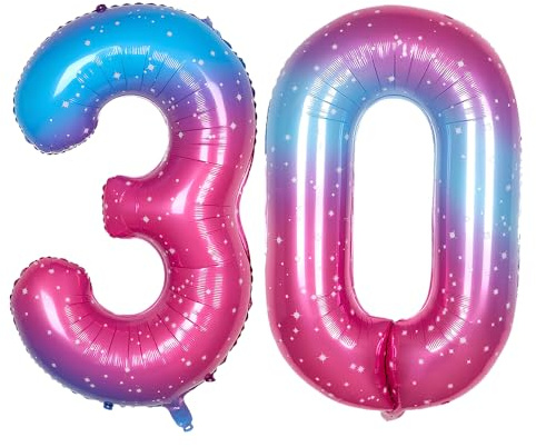 Ponmoo 40 inches Foil Balloons Numbers 30 Pink-Blue Gradient (101cm), Inflatable Helium or Air, Giant Balloon Number 0-9, 10-100, Grand Balloons for Anniversary Wedding Birthday Party Decoration