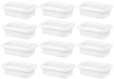 JMS we create smile Set of 12-4L Crystal Clear Plastic Storage Container With Lid Transparent Storage Box Home Organiser For Garage Office Home Kitchen Made in UK (4 Litre)