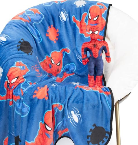 Jay Franco Manta Infantil Suave y Almohada Mini con diseño de Marvel Spiderman 130 x 150 cm - Juego de Manta de Forro Polar y Almohada de Spiderman para niño