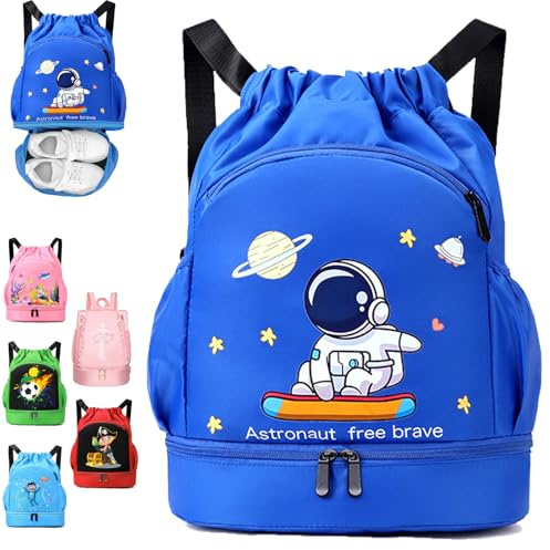 YOUYIKE Schwimmtasche Kinder, Astronauten Sportbeutel Junge mit Kordelzug, Wasserdichter Rucksack mit Bodenfach, 30 * 16 * 42 cm Große, Gym Bag Kinder-Sporttasche Blau