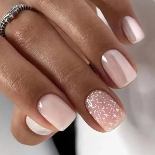 Ztcily Faux ongles Noël Court Carré Rose Brillant, Faux ongles French Naturel Capsule avec Colle Femme Fille, Accessoire ou Idée Cadeau Noël Nouvel An Saint Valentin Mariage
