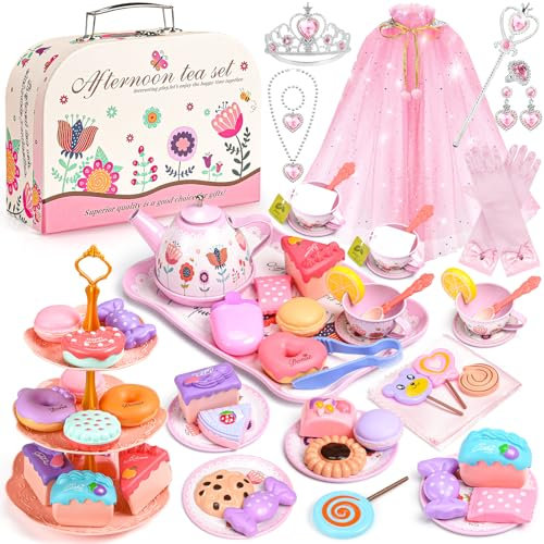 Tea Party Set for Little Girls, 63PCS Pretend Play Toys & Princess Dress Up
