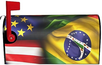KAABNNT American and Brazilian Flags Print Decorative Magnetic Mailbox Cover - Easy Install Mailbox Protective Shield