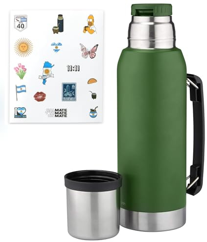 Bargrin Termo de Acero inoxidable 1 Litro - Ideal para Mate, Cafe, Té - Mantiene la temperatura 24hrs - Termo Acero Inoxidable - Yerba Mate - Libre BPA (Verde)