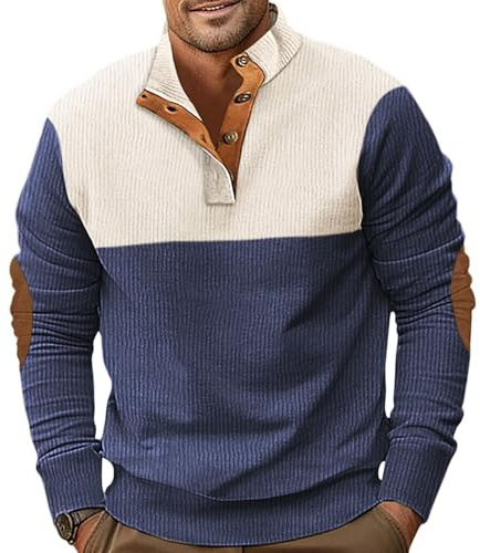 PRIVIMIX Sweat Homme sans Capuche Léger Pull Col à Boutons Sweatshirt Velours Côtelé Sweet M-3XL