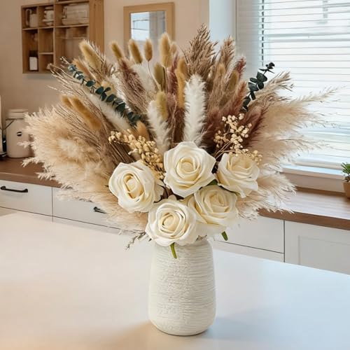 100pcs Artificial Flowers Arrangement with Vase, Fake Flowers Silk Roses in Vase, Coffee Table Decorations,Boho Dried Pampas Grass, Dining Table Decor, Floral Centerpieces for Tables, Centro de Mesa