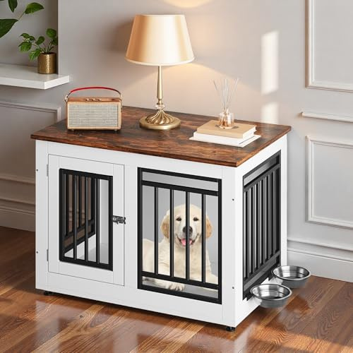 DWVO Dog Crate Furniture with Adjustable Feet & Removable Bowls, 28 Inch Dog Kennel Indoor Furniture End Table for Dogs, Modern Decorative Wooden Cage, Chew-Resistant, White