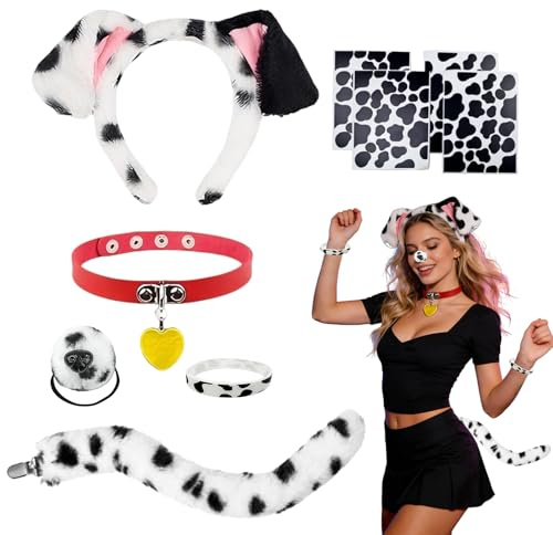 LIULINY 6 dalmatiner, kostym-set, djurkostym, set för barn med öron valpar, hund, pannband, fluga dalmatiner, klistermärke, svans fejk näsa, för fest, djur, karneval, cosplay