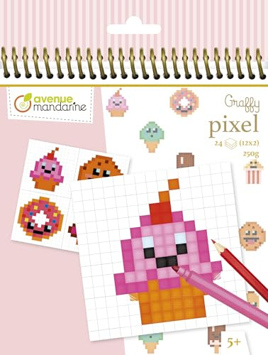 MY MANDARINE GY099C - Un carnet de coloriage Graffy Pixel - 24 pages à colorier (12 modèles x 2 - 24 feuilles quadrillées vierges) - À partir de 5 ans - GOURMANDISES KAWAI
