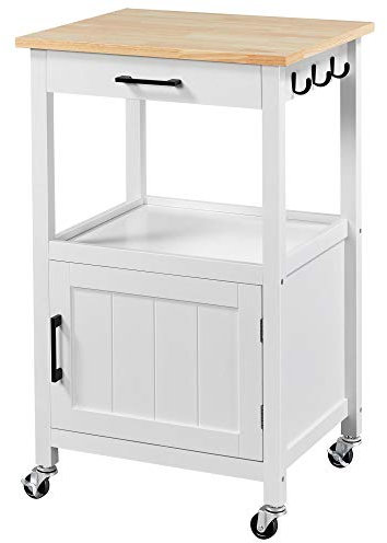 Yaheetech Kitchen Storage Trolley Cart, Kitchen Island on Wheels with Cabinet & Drawer & 3 Hooks, Rolling Serving Cart for Dining Room Living Room, White