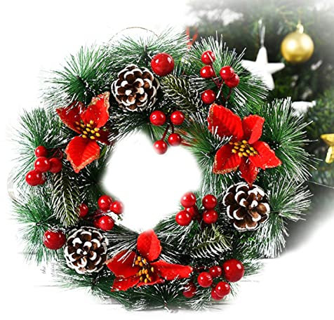 Weihnachtskranz, Künstlicher Weihnachtskranz für die Tür, Weihnachtstürkranz-Dekoration mit Weihnachtsmann, beflockte rote Beeren, Tannenzapfen, für Haustür im Freien, Dekorationskranz