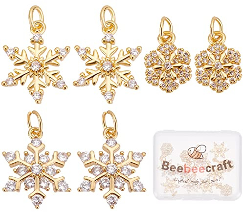 Beebeecraft 12 Pcs 3 Style 18K Plaqué Or Flocon de Neige Charms Zircon Cubique Hiver Noël Charme Pendentifs avec Anneau de Saut pour Artisanat Bracelet Collier Fabrication de Bijoux