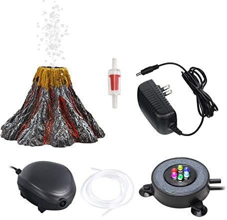YWNYT Aquarium Vulkan Ornament Kit mit Luftpumpe, Bunte LED Licht Luft Stein Luft Blaser Dekoration für Fischtank, Aquarium Ornament Fisch Tank Decor