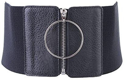 Vctitil Frauen Reißverschluss Elastischer Gürtel Taille Festziehen Elastische Mode Breiter Bund Eng anliegende Korsett Kleid Metall Kreis PU Leder Gürtel, Schwarz, Einheitsgröße