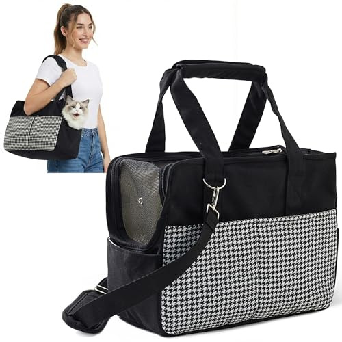 ALLSOPETS Borsa per Cane Taglia Piccola e Gatto, Borsa Porta Cane Pieghevole con Tasche, Guinzaglio di Sicurezza e Stuoia Rimovibile, Ideale per Viaggi e Uscite (Nero Classico)