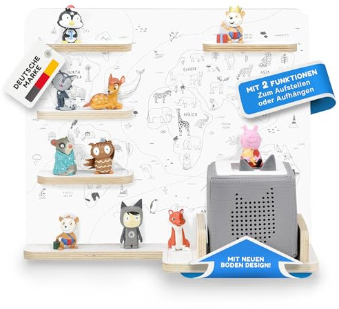 stadtecken Holzregal für Musikbox I Passend für die Toniebox und ca. 35 Tonies I Perfekte Aufbewahrung im Kinderzimmer I zum Aufstellen oder Aufhängen (Weltkarte)