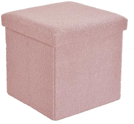 London Dream Foldable Ottoman Boucle Storage Box - Teddy Bear Fabric Single Seater - Cube Furniture Foot Stool Seat Rest – Space Saver – Blanket, Toy Chest Organizer (Blush Pink, Small)