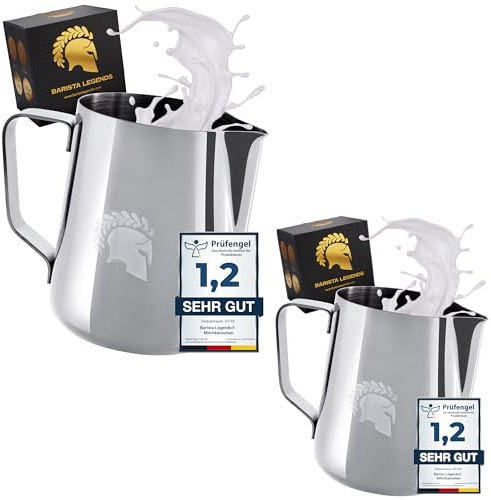 Barista Legends® - Set di bricco per latte in acciaio inox, 350 ml + 600 ml, con effetto lucido, bricco per latte montato a mano, accessorio per baristi in acciaio inox