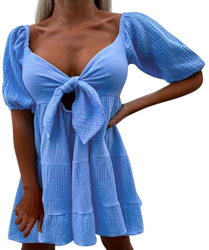 Vestidos con cuello en V para mujer, vestidos de manga corta, vestido versátil con cuello en V, manga corta, vestido de moda, corbata, cuello en V, manga corta, vestido de verano, elegante, azul, XL