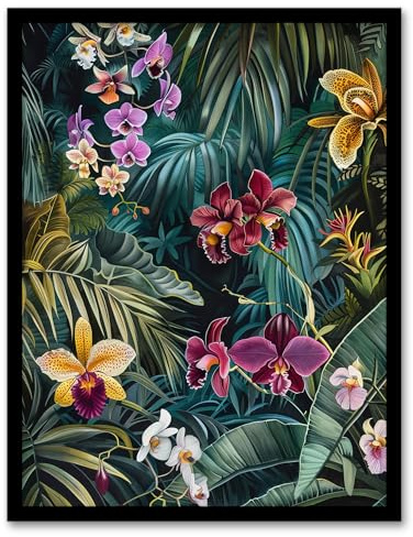 Artery8 Exotic Orchids in Jungle Painting Wild Floral Living Room Artwork Framed Wall Art Print A4
