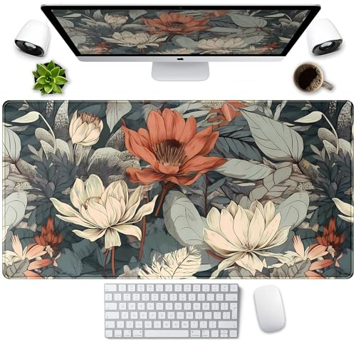 Vintage Floral Desk Mat XXL Large Gaming Mouse Pad Extended Desk Pad, Tropical Plants Laptop Keyboard Mouse Mat with Stitched Edges 31.5x15.75 in, Computer Mat Mousepad for desk Decor Office Gift