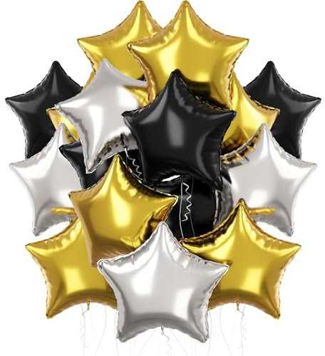 Decoration Nouvel An 2026, Ballons Étoile en Feuille Dorés, Noirs, Argentés Hélium, Ballons de Fête pour Anniversaire, Nouvel An et Réveillon, Décoration Festive - 25 Pièces