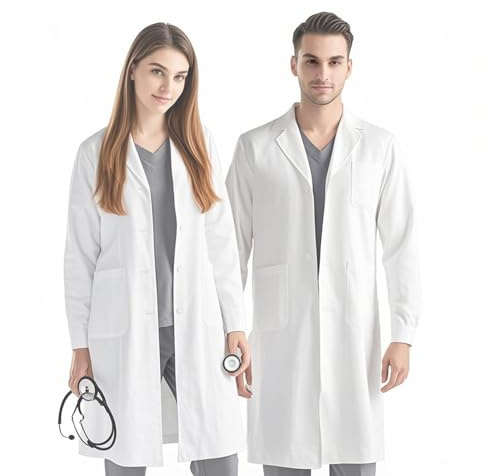 YHNDECO Camice da laboratorio in cotone, medicina a maniche lunghe, da uomo e da donna, con bottoni e 3 tasche, per laboratorio, abbigliamento protettivo per studio, lavoro, laboratorio (XL), bianco