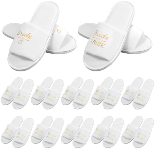 YFNVH 12 Pairs Hen Party Slippers for Bride & Bridesmaids - White Open Toe Spa Slippers for Wedding Morning, Bridal Shower & Bachelorette Party Gifts (1x Bride, 11x Team Bride) – One Size